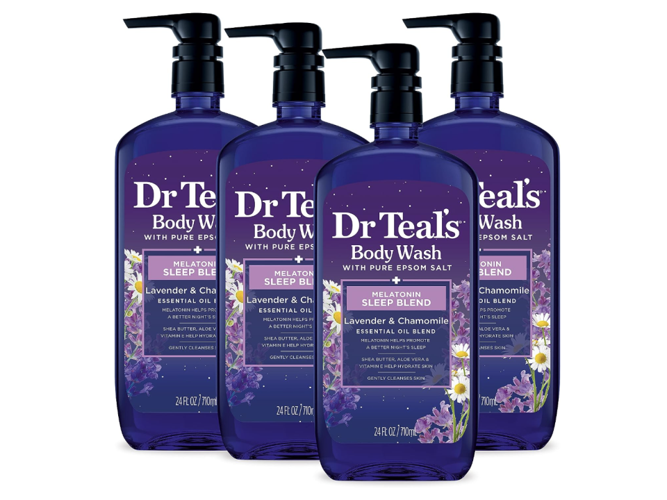 A photo of Dr Teal's Body Wash with Pure Epsom Salt, Sleep Blend with Melatonin, 24 fl oz (Pack of 4). (PHOTO: Amazon Singapore)