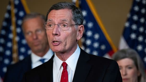 PHOTO: Sen. John Barrasso speaks to media during the weekly Senate Republican Leadership press conference, at the U.S. Capitol in Washington, D.C., Sept. 13, 2022. (Graeme Sloan/Sipa USA via AP)