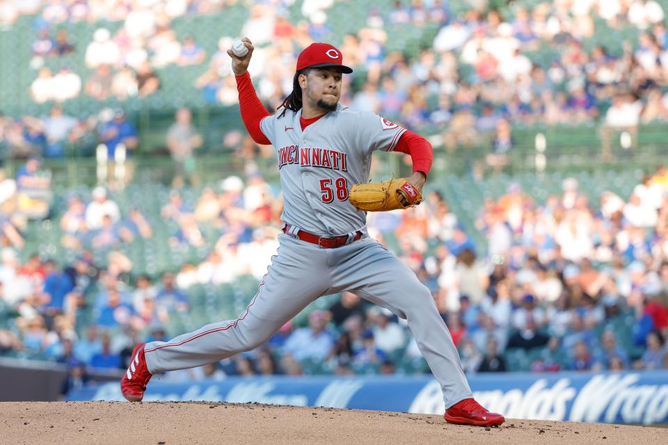 Jun 28, 2022; Chicago, Illinois, USA; Cincinnati Reds starting pitcher Luis Castillo (58) delivers against the Chicago Cubs during the first inning at Wrigley Field.