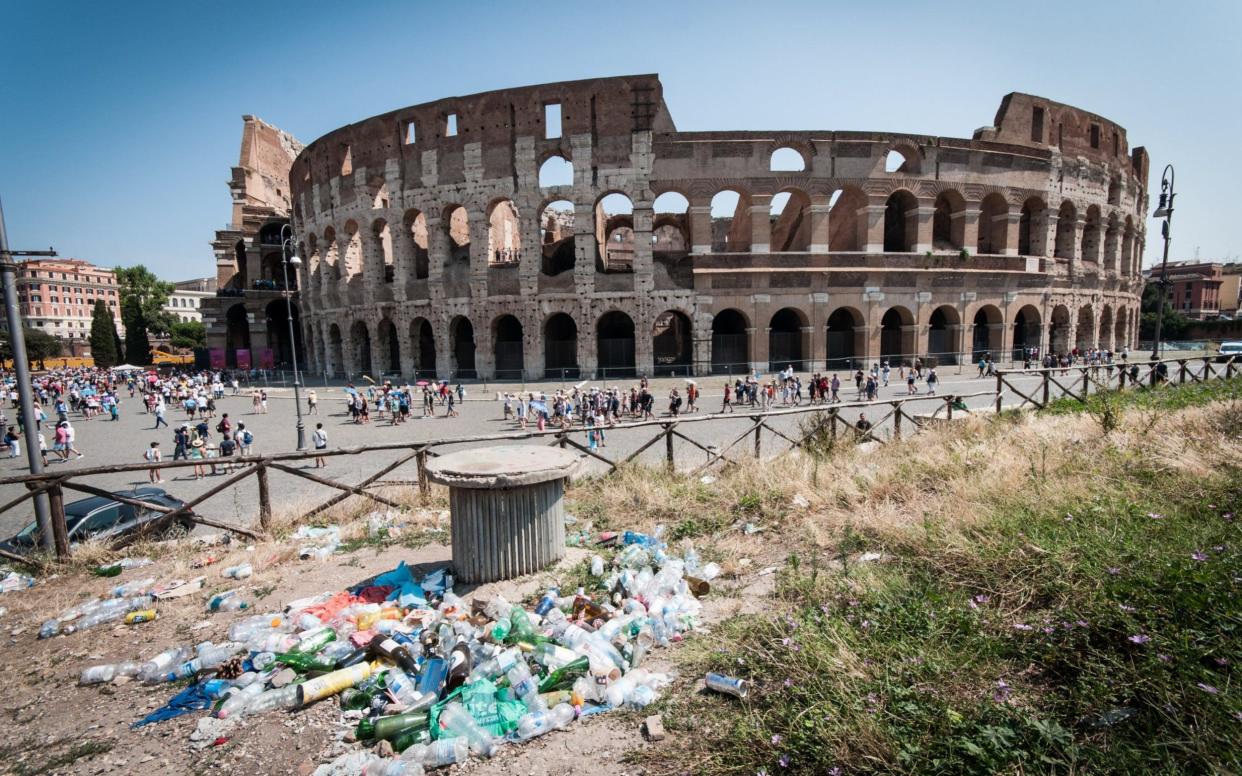 Rubbish strewn across the ground in front of the Colosseum in the centre of Rome - NurPhoto