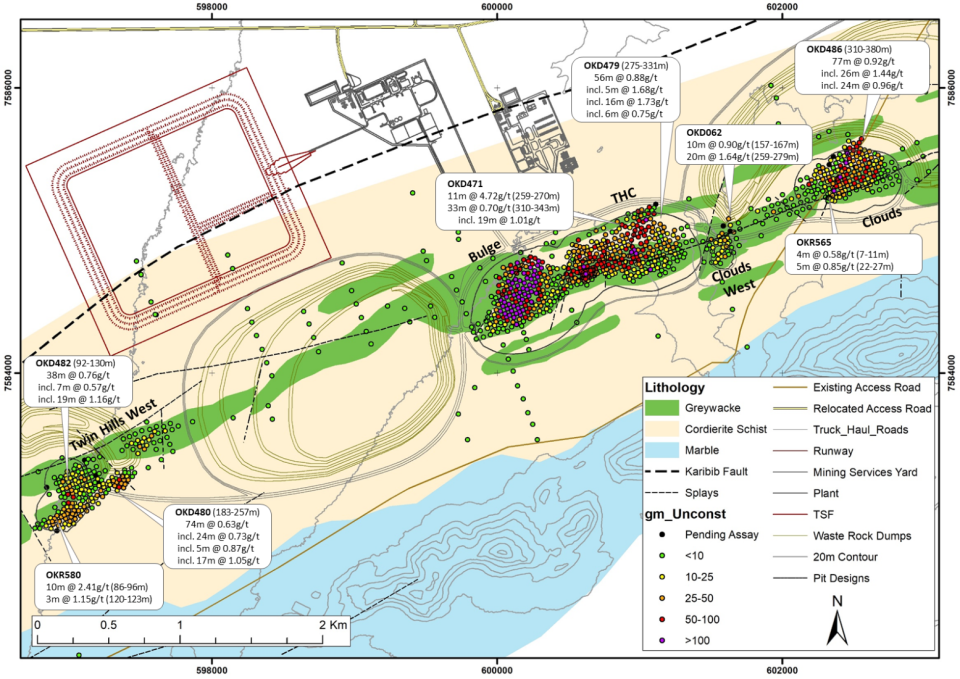 Colored map with location of Twin Hills drill collars and recent assay results