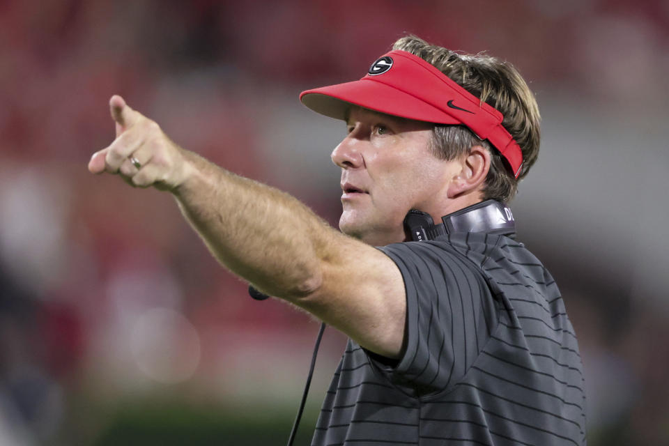 Georgia coach Kirby Smart reacts to a play during the first half of the team's NCAA college football game against South Carolina on Saturday, Sept. 18, 2021, in Athens, Ga. (AP Photo/Butch Dill)