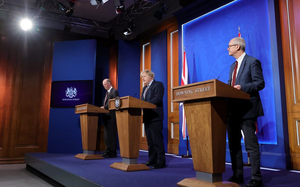 Boris Johnson chairs a briefing on Covid-19 from No 9 Downing Street with Chief Scientific Adviser Sir Patrick Vallance and Chief Medical Officer Professor Chris Whitty.