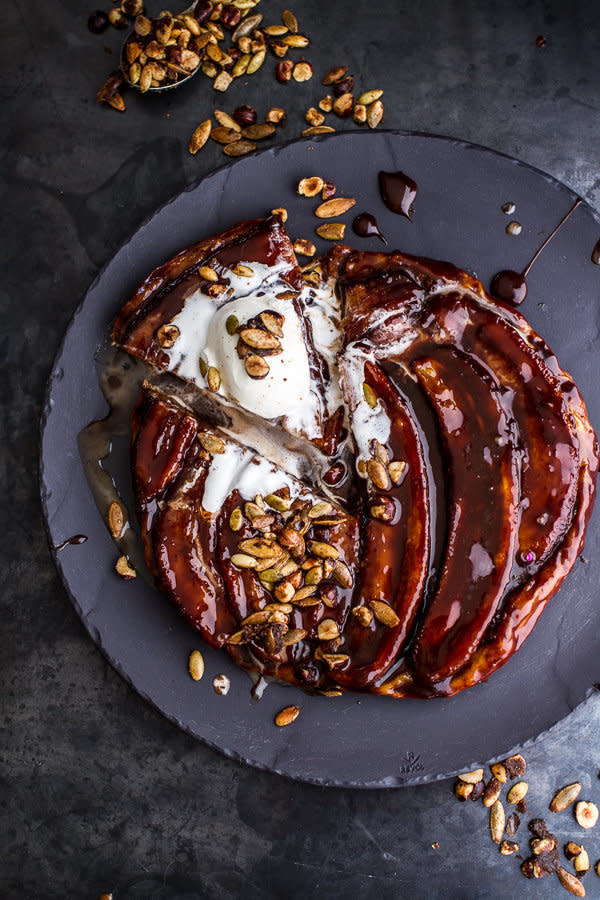 <strong>Get the <a href="http://www.halfbakedharvest.com/nutella-banana-tarte-tatin-cinnamon-sugar-roasted-pumpkin-seed-hazelnut-crunch/" target="_blank">Nutella Banana Tarte Tatin recipe</a> from Half Baked Harvest</strong>