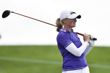 Jul 15, 2017; Bedminster, NJ, USA; Stacy Lewis reacts after teeing off on the 11th hole during the third round of the U.S. Women's Open golf tournament at Trump National Golf Club-New Jersey. Mandatory Credit: Eric Sucar-USA TODAY Sports