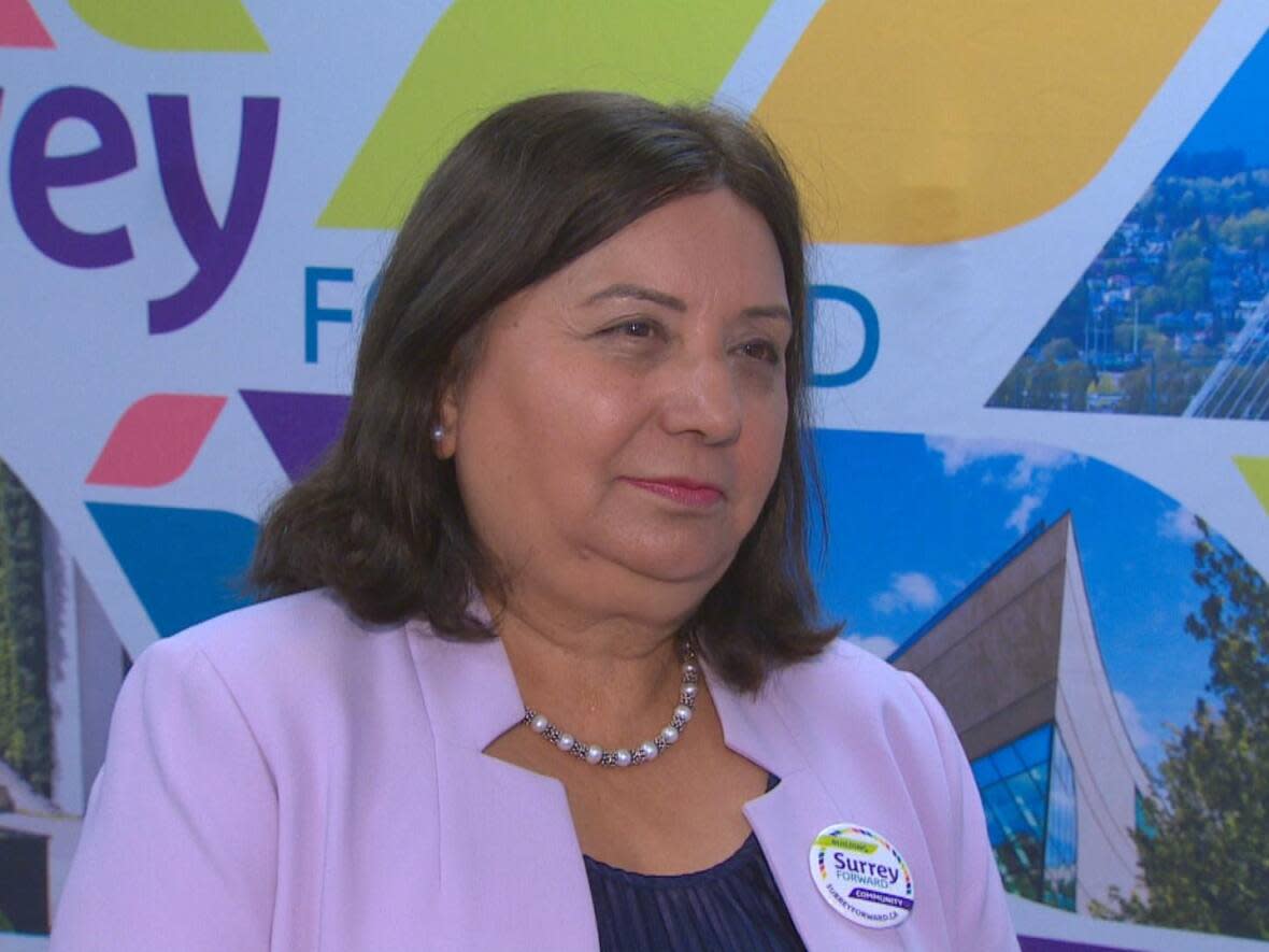 Surrey Forward leader Jinny Sims in her campaign office on Sept. 21. (CBC News - image credit)