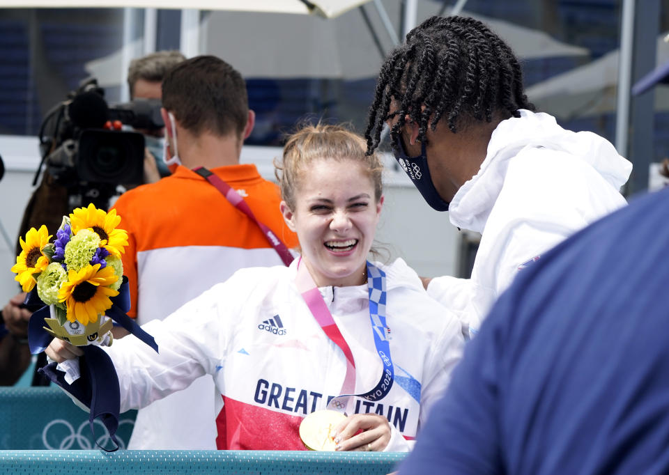 Shriever celebrated her gold medal with Kye Whyte, who won a silver medal on the same day. (Danny Lawson/PA Images via Getty Images)