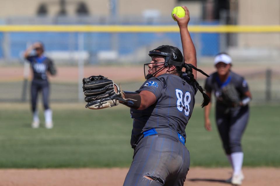 Cathedral City pitcher Sayuri Toledo (88) winds up a pitch during a second-round CIF-SS Division 7 win against Vista Del Lago in Cathedral City, Calif., on Tuesday, May 7, 2024.