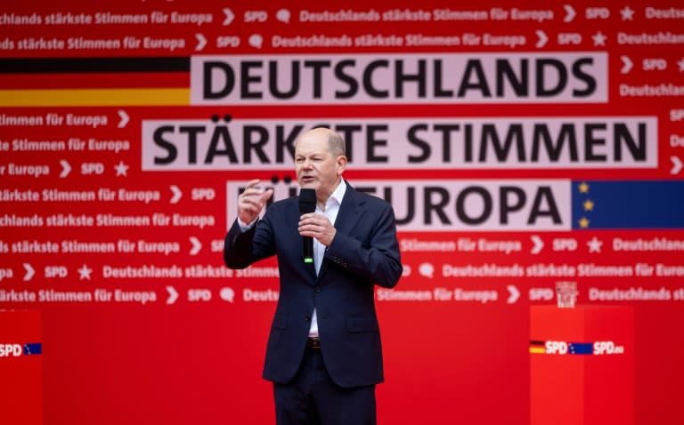 Le chancelier allemand Olaf Scholz lors du lancement de la campagne du Parti social-démocrate (SPD) pour les élections européennes de juin 2024, le 27 avril 2024 à Hambourg (Axel Heimken)