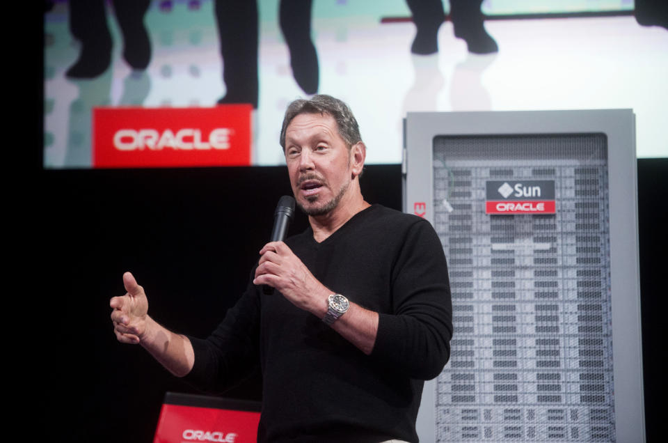 Oracle Corp Chief Executive Larry Ellison introduces the Oracle Database In-Memory during a launch event at the company's headquarters in Redwood Shores, California June 10, 2014. Ellison on Tuesday launched the 