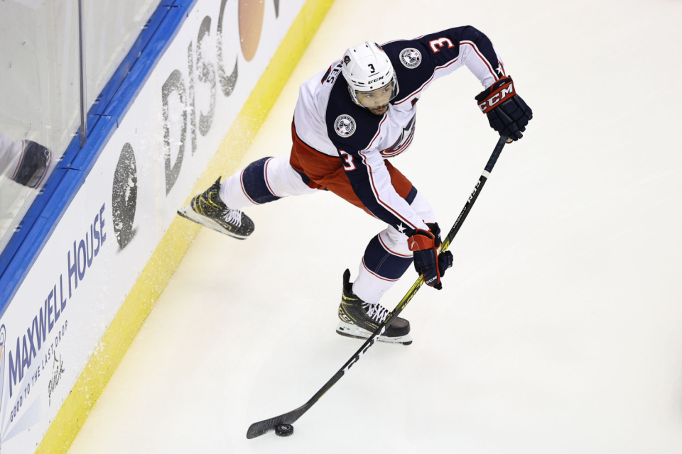 Columbus Blue Jackets defenseman Seth Jones shoots against Tampa Bay.