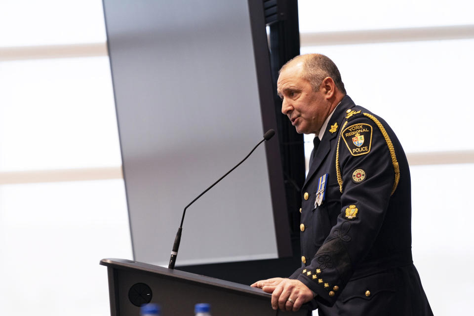 York Regional Police Chief Jim MacSween speaks to the media during a press conference in Aurora, Ontario, on Monday Dec, 19, 2022. Canadian authorities say the man who killed five people and wounded a sixth at a condominium building near Toronto before an officer killed him was a 73-year-old resident, Francesco Velli. (Arlyn McAdorey/The Canadian Press via AP)