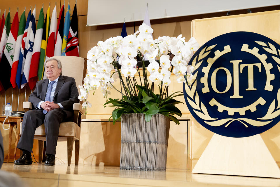 United Nations Secretary-General Antonio Guterres attends the closing session of the the 108th International Labour Conference at the European headquarters of the United Nations in Geneva, Switzerland, Friday, June 21, 2019. (Magali Girardin/Keystone via AP)