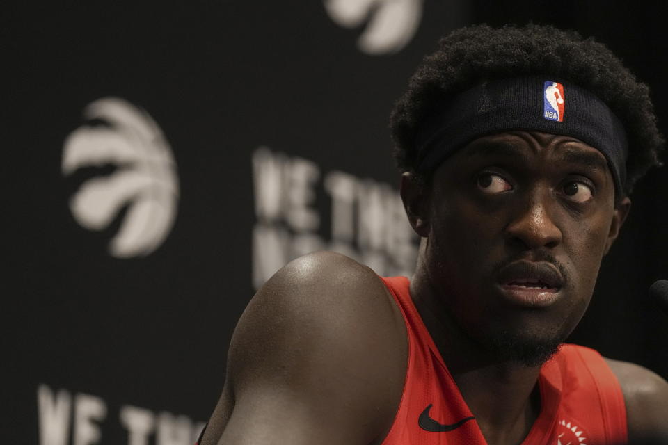 Toronto Raptors' Pascal Siakam speaks to reporters during the NBA basketball team's media day in Toronto Monday Oct. 2, 2023. (Chris Young/The Canadian Press via AP)