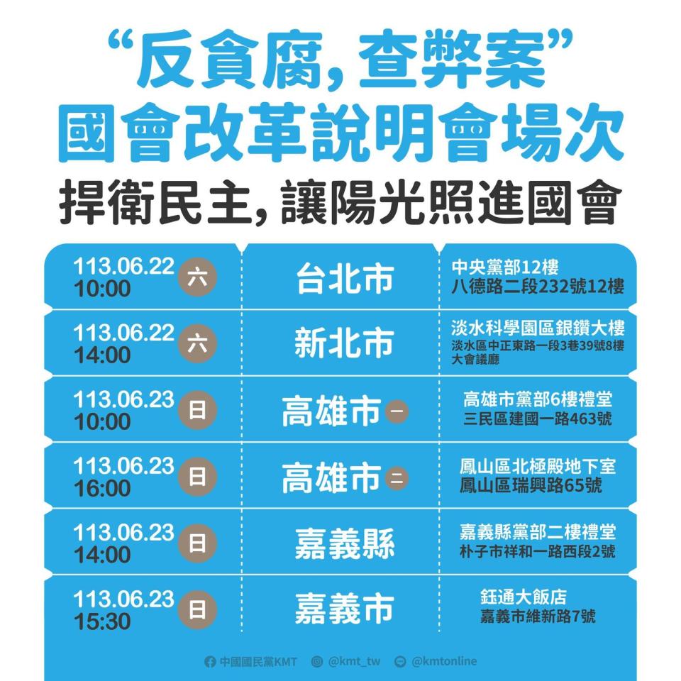 本週國民黨將在嘉義、高雄等地舉行國會改革說明會。（翻攝自國民黨臉書）