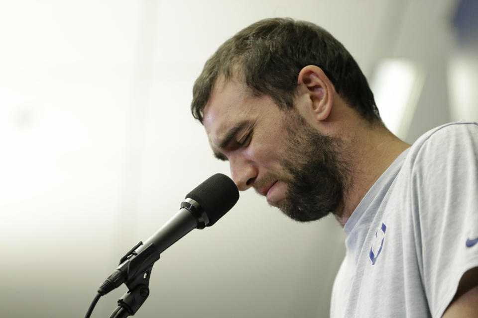 Indianapolis Colts quarterback Andrew Luck speaks during a news conference following the team's NFL preseason football game against the Chicago Bears, Saturday, Aug. 24, 2019, in Indianapolis. The oft-injured star is retiring at age 29. (AP Photo/AJ Mast)