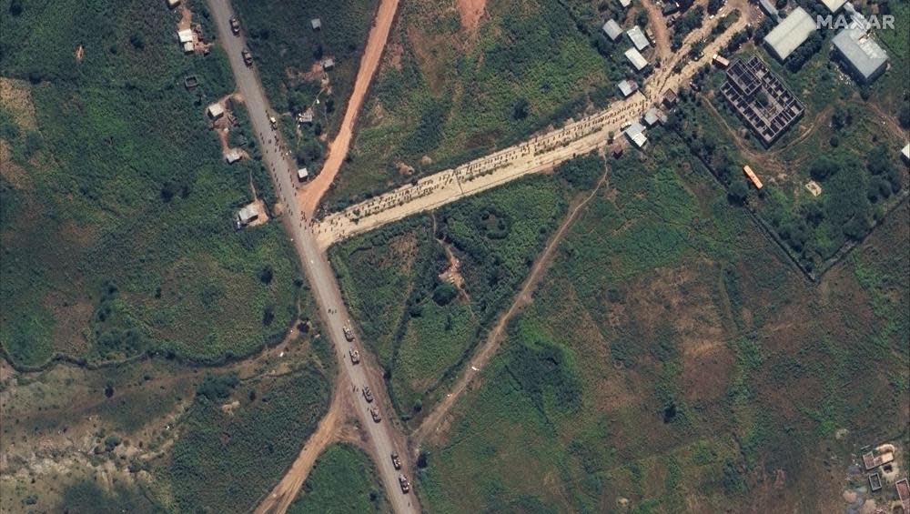 This satellite image provided by Maxar Technologies is said by them to show unidentified military forces mobilized in the town of Sheraro, in the Tigray region of northern Ethiopia on Sept. 26, 2022. (Maxar Technologies via AP, File)