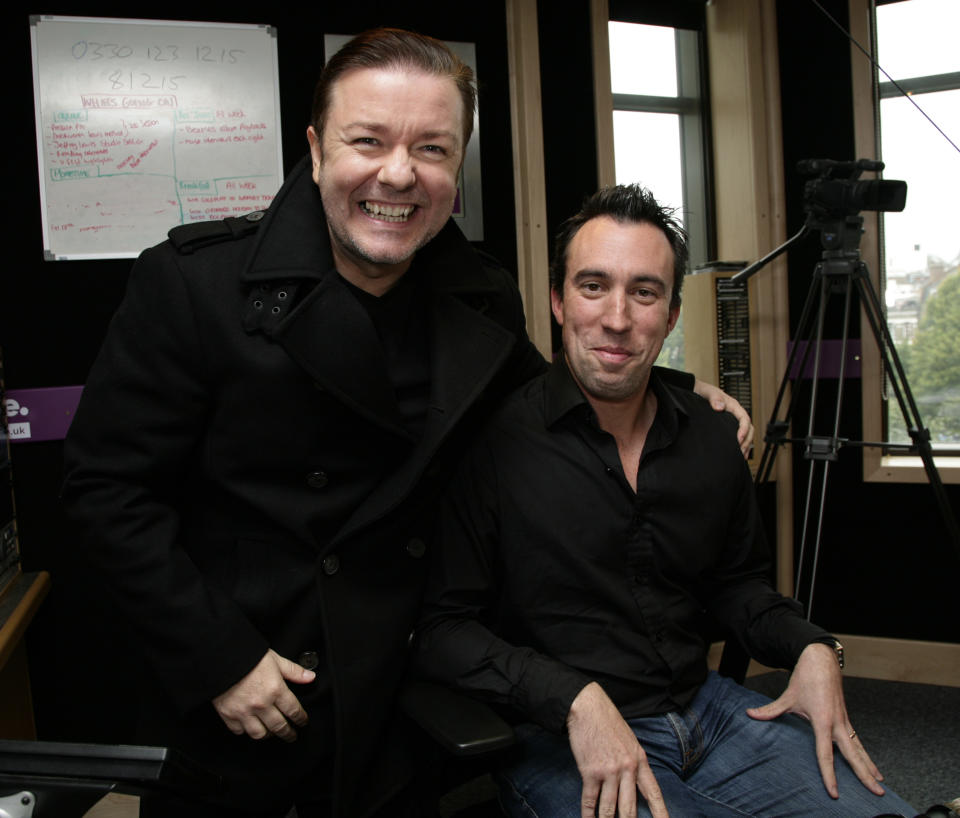 Guest Ricky Gervais (left) with Absolute Radio Breakfast Show presenter Christian O'Connell at Absolute Radio in Golden Square, central London.   (Photo by Yui Mok/PA Images via Getty Images)