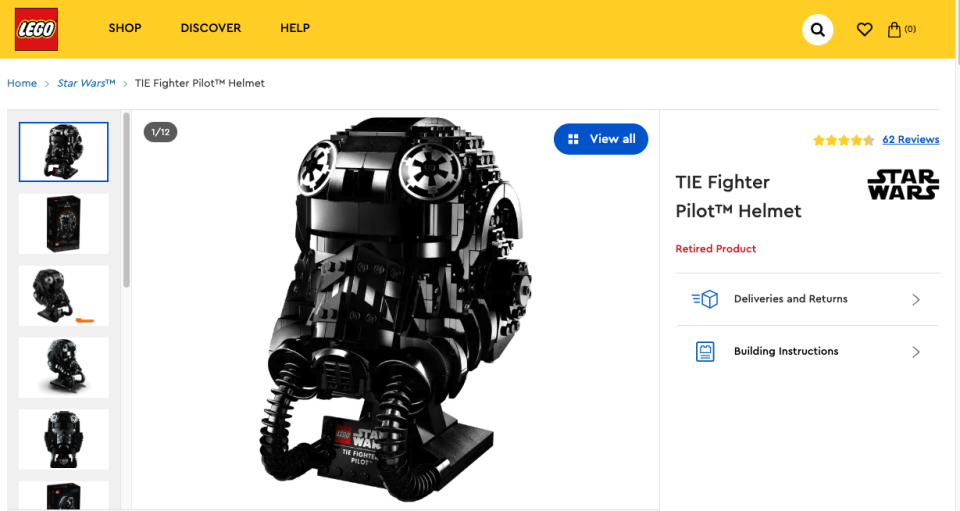 「星球大戰」TIE Fighter Pilot頭盔2021年停售前的官方價格為60美元，但約一年半後升值到350美元。（lego.com）