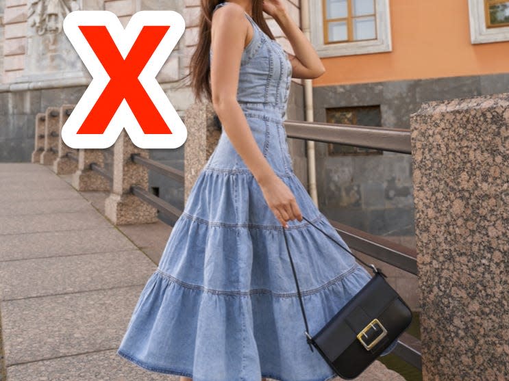 red x next to person wearing denim fit and flare midi dress with black heels and a black purse