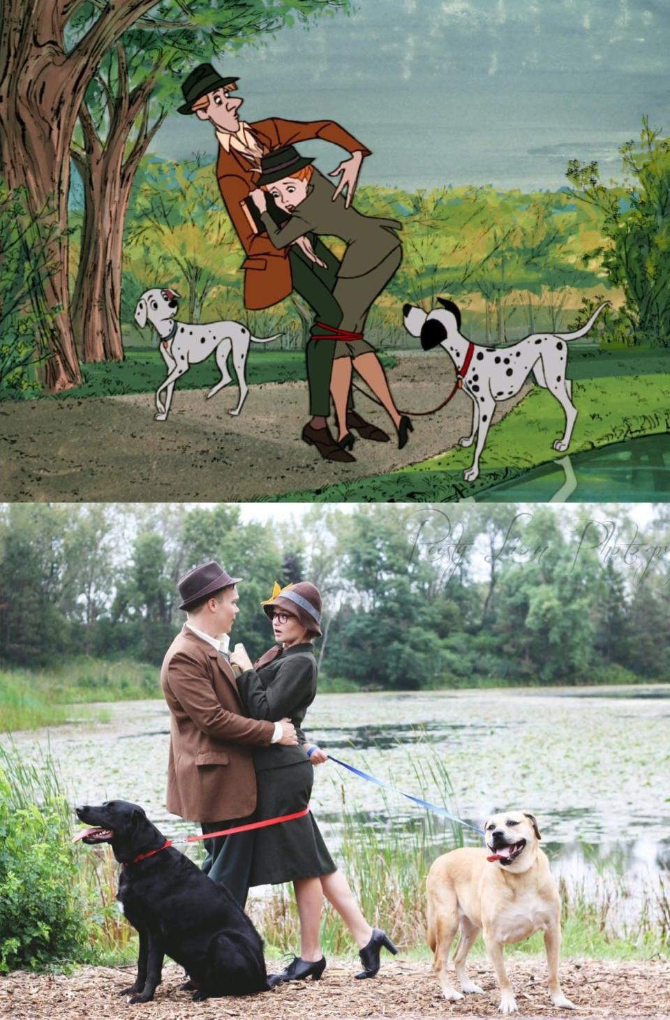 Corinne Jones and fiancé Tony Collier put a cartoon twist on the classic ‘she said yes!’ photo shoot by recreating shots from Disney’s 101 Dalmations - which certainly beats a snap of your ring finger.