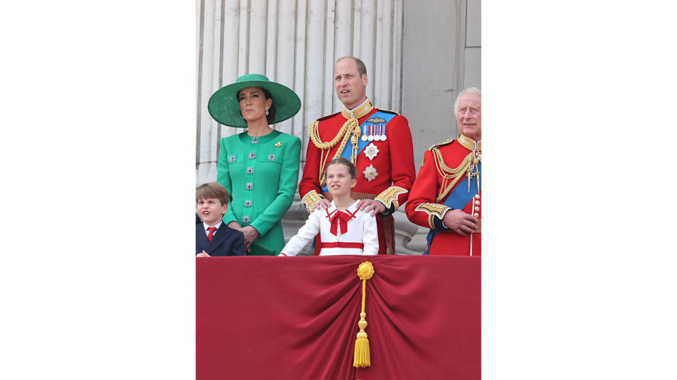 Princess Anne, Prince George, Prince Louis, Princess Kate, Prince William, Princess Charlotte, King Charles and Queen Camilla on the Buckingham Palace balcony