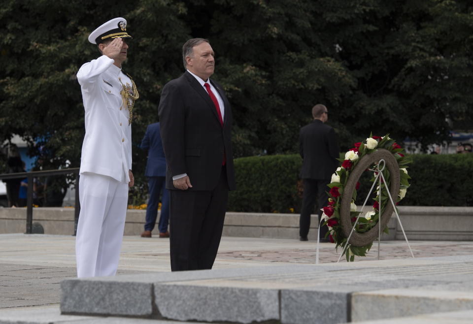 U.S. Secretary of State Mike Pompeo pauses after laying a wreath during a ceremony at the National War Memorial in Ottawa, Thursday Aug. 22, 2019. (Adrian Wyld/The Canadian Press via AP)