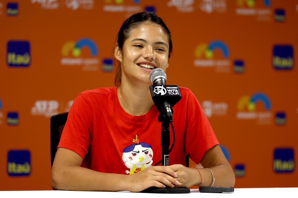 Seen here, Britain's Emma Raducanu speaking to reporters at the Miami Open.