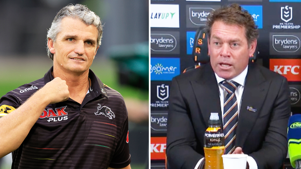 Tigers coach Brett Kimmorley (pictured right) during a press conference and (pictured left) Penrith Pantherscoach Ivan Cleary.