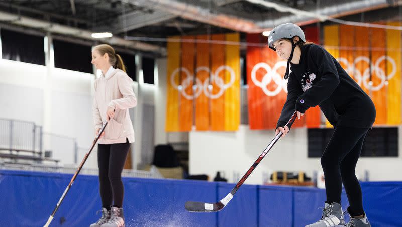 Isabella Marcheschi, 12, hits a hockey puck at the Utah Olympic Oval in Kearns on June 16, 2023. Leaders with Salt Lake City’s  bid for the 2030 or 2034 Winter Olympic Games made a crucial pitch to the IOC on Tuesday. 