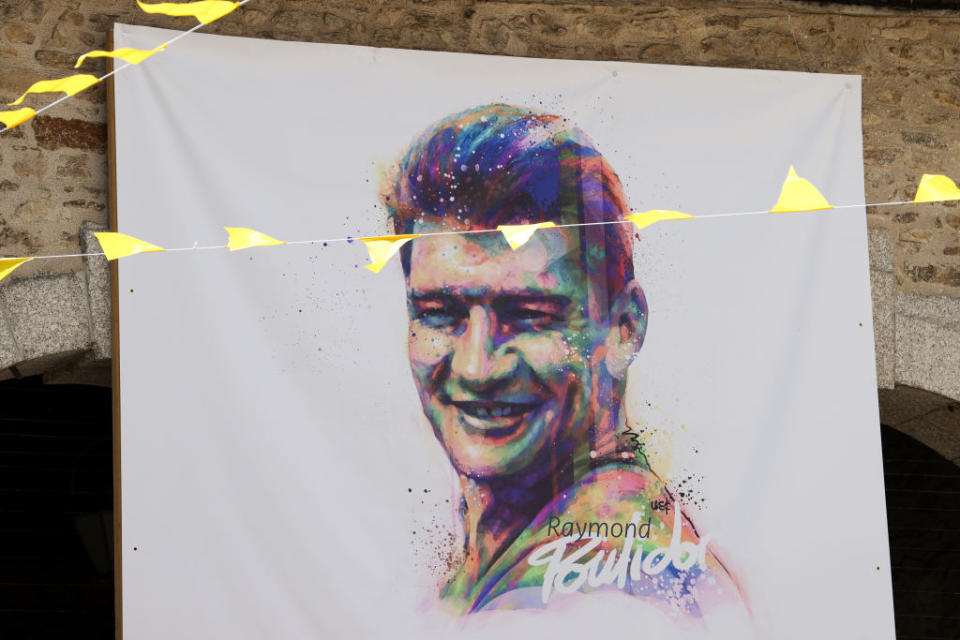 SAINTLONARDDENOBLAT FRANCE  JULY 09 A mural of Raymond Poulidor of France ex procyclist prior to the stage nine of the 110th Tour de France 2023 a 1824km stage from SaintLonarddeNoblat to Puy de Dme 1412m  UCIWT  on July 09 2023 in SaintLonarddeNoblat France Photo by Michael SteeleGetty Images