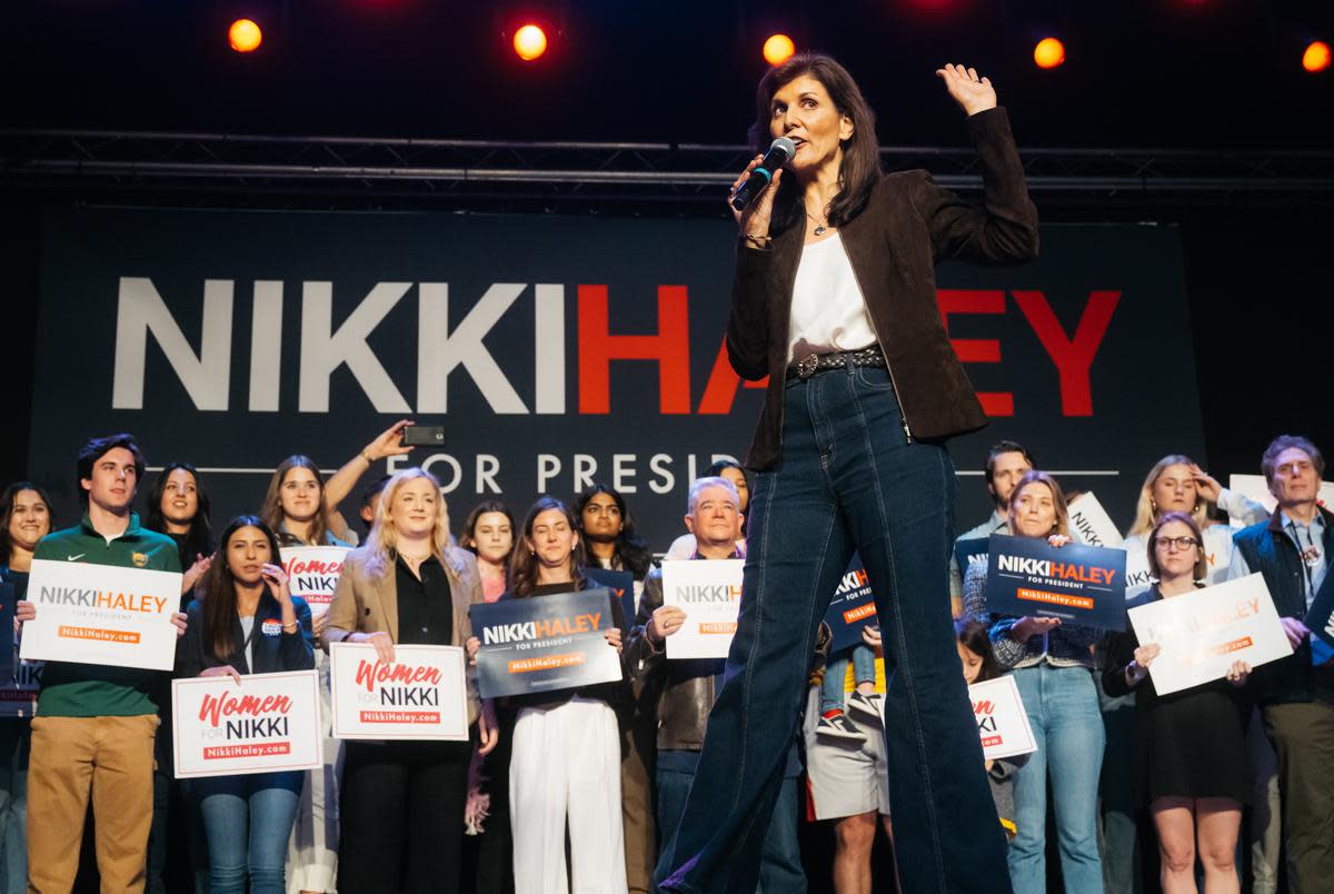 DALLAS, TX - FEBRUARY 15, 2024: Nikki Haley, GOP presidential candidate, speaks to supporters at a rally at Gilley’s Dallas South Side Music on Thursday, February 16, 2024 in Dallas, Texas. CREDIT: Desiree Rios for The Texas Tribune