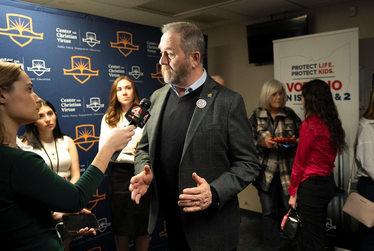 Nov 7, 2023; Columbus, Ohio, US; Ohio Attorney General Dave Yost speaks with the press at the Issue One watch party hosted by Protect Women Ohio at the Center for Christian Virtue in Downtown Columbus, Ohio.