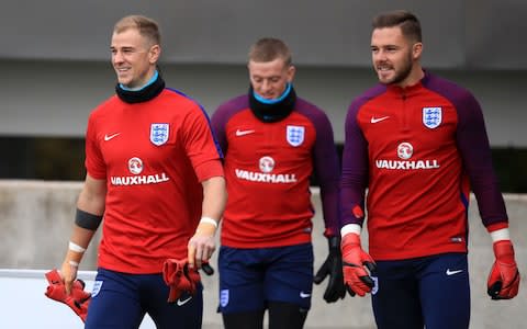 Hart, Pickford and Butland in England training last week - Credit: PA