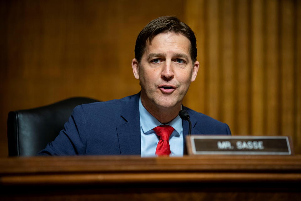 U.S. Senator Ben Sasse (R-NE), ranking member of the Senate Judiciary Subcommittee on Privacy, Technology, and the Law, speaks during a hearing in Washington, D.C., U.S., April 27, 2021. (Al Drago/Pool via Reuters)