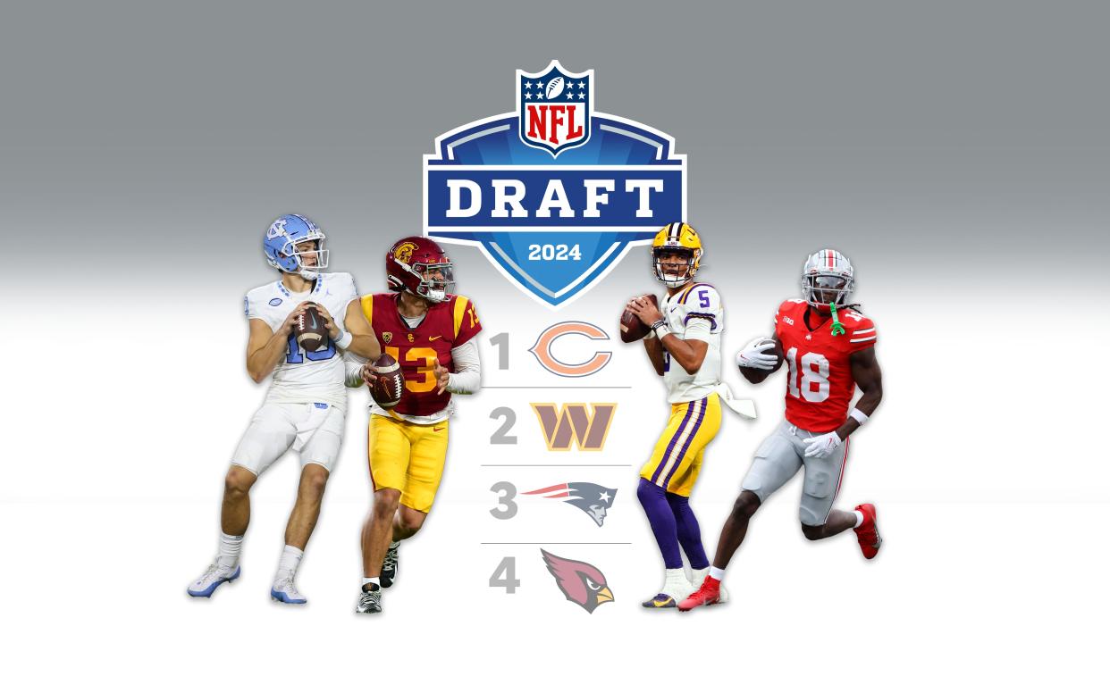 Top prospects for the 2024 NFL draft: (Left to right) North Carolina Tar Heels quarterback Drake Maye, Southern California Trojans quarterback Caleb Williams, LSU Tigers quarterback Jayden Daniels and Ohio State Buckeyes wide receiver Marvin Harrison Jr.