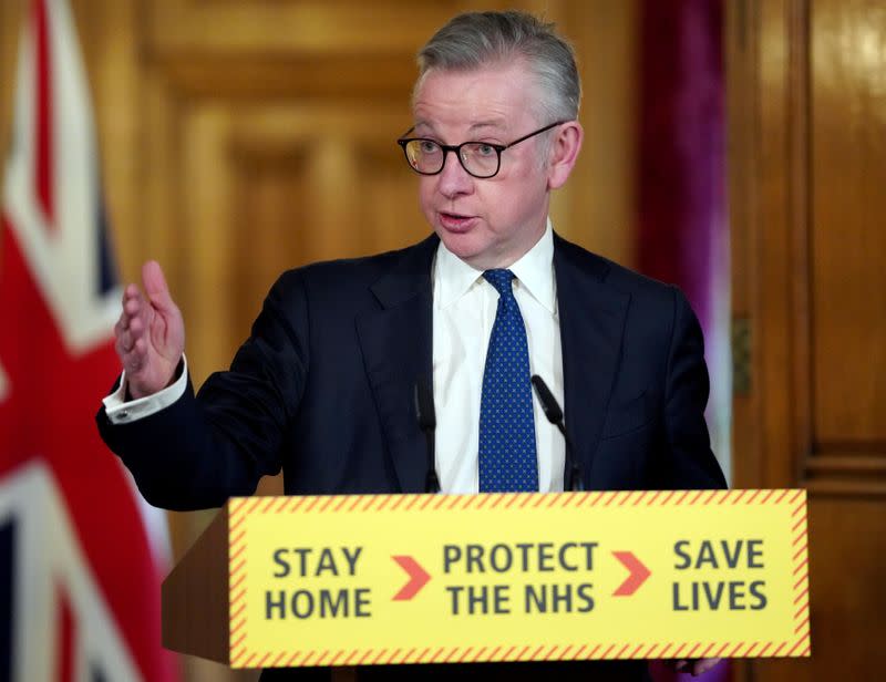 Britain's Chancellor of the Duchy of Lancaster Michael Gove speaks at a digital news conference on the coronavirus disease (COVID-19) outbreak, at 10 Downing Street in London