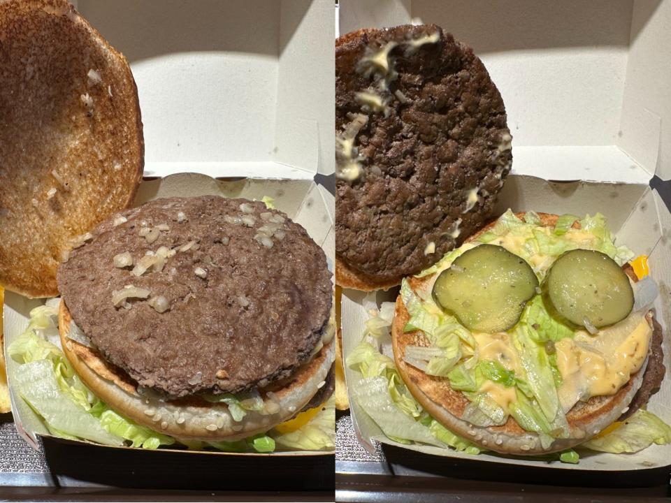 mcdonalds big mac open side by side images show onion above the burger patty and pickles, lettuce, cheese below the patty
