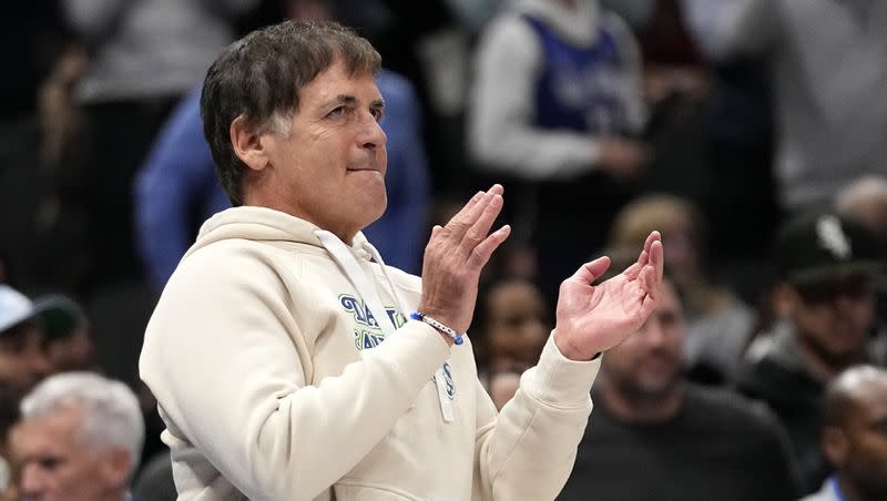 Dallas Mavericks team owner Mark Cuban celebrates late in the second half of an NBA basketball game against the Houston Rockets in Dallas on Nov. 28, 2023. Cuban has said he will lead “Shark Tank.”