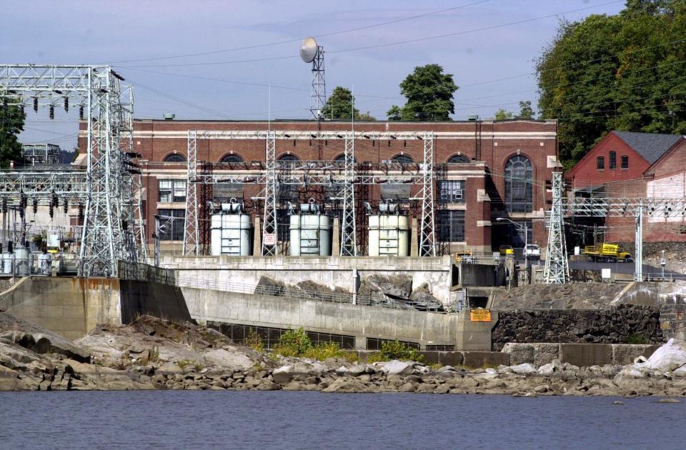 FILE - In this Oct. 10, 2001 file photo, the hydroelectric generating plant is seen in Bellows Falls, Vt. Five big hydropower stations on the Connecticut River are up for relicensing, which environmentalists say gives a rare opportunity to consider their combined impacts on one of New England's most important waterways. (AP Photo/Toby Talbot)