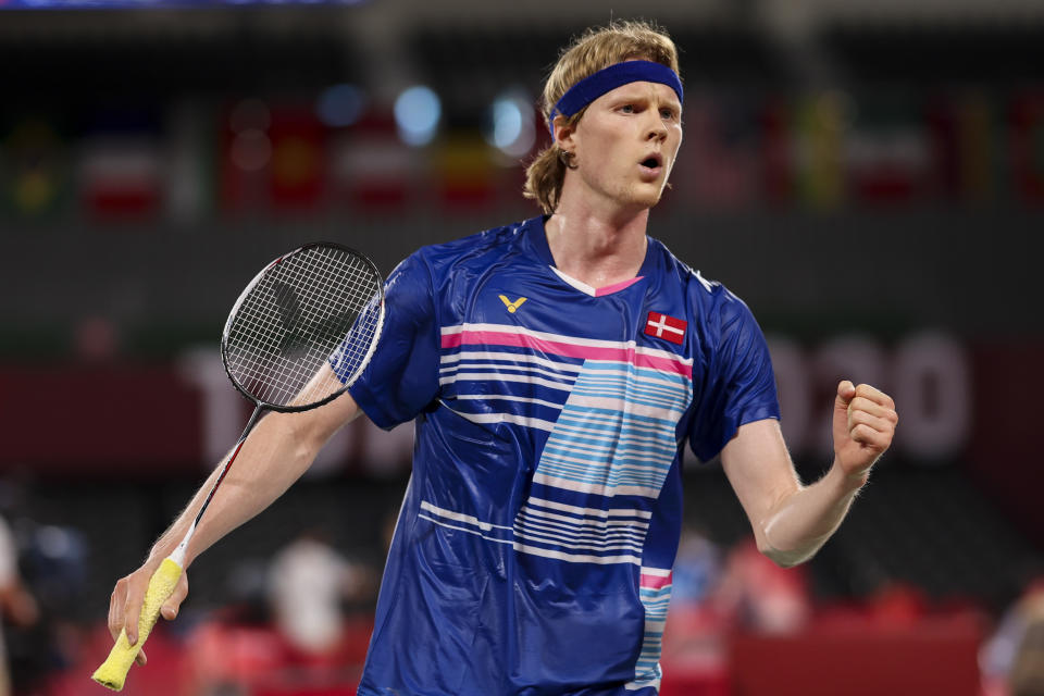 <p>CHOFU, JAPAN - JULY 29: Anders Antonsen of Team Denmark competes against Toby Penty of Team Great Britain during a Men's Singles Round of 16 match on day six of the Tokyo 2020 Olympic Games at Musashino Forest Sport Plaza on July 29, 2021 in Chofu, Tokyo, Japan. (Photo by Lintao Zhang/Getty Images)</p> 