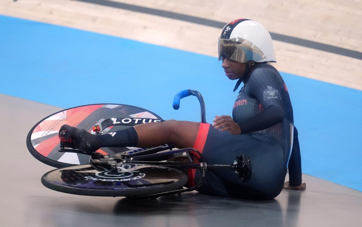 Great Britain's Kadeena Cox crashes in the Women's C4-5 500m Time Trial Final