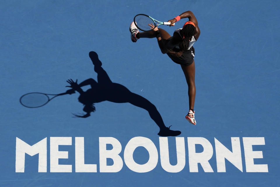 Coco Gauff of the U.S. plays a forehand return to compatriot Bernarda Pera during their third round match at the Australian Open tennis championship in Melbourne, Australia, Friday, Jan. 20, 2023. (AP Photo/Aaron Favila)