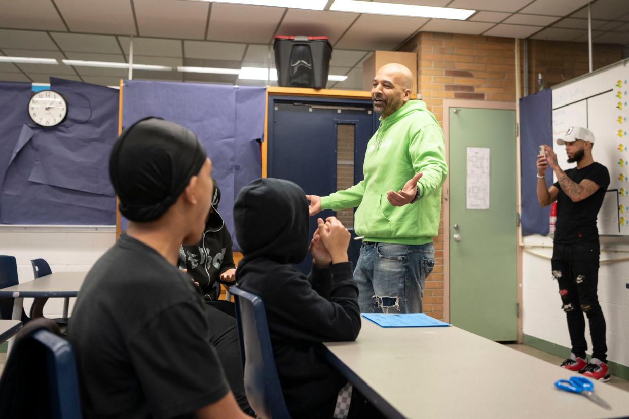 R.I.S.E. founder Damon Brown works with students at Northwestern Middle School on Thursday, March 23, 2023.