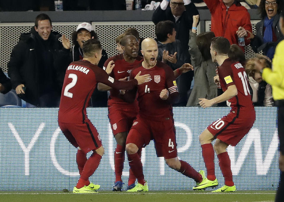 United States' Michael Bradley (4) celebrates his goal with teammates during the first half of a World Cup qualifying soccer match against Honduras on Friday, March 24, 2017, in San Jose, Calif. (AP Photo/Marcio Jose Sanchez)