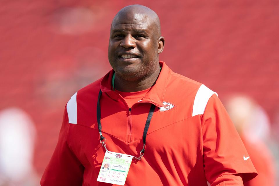 August 14, 2021; Santa Clara, California, USA; Kansas City Chiefs offensive coordinator Eric Bieniemy before the game against the <a class="link " href="https://sports.yahoo.com/nfl/teams/san-francisco/" data-i13n="sec:content-canvas;subsec:anchor_text;elm:context_link" data-ylk="slk:San Francisco 49ers;sec:content-canvas;subsec:anchor_text;elm:context_link;itc:0">San Francisco 49ers</a> at Levi’s Stadium. Mandatory Credit: Kyle Terada-USA TODAY Sports