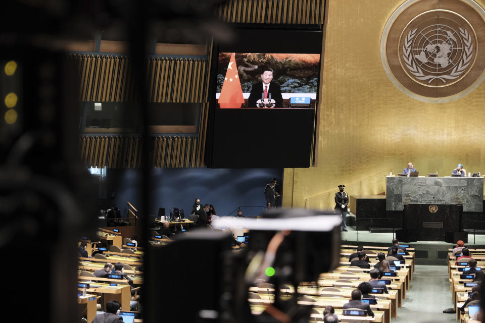 China's President Xi Jinping remotely addresses the 76th session of the United Nations General Assembly in a pre-recorded message, Tuesday Sept. 21, 2021, at UN headquarters. (Spencer Platt/Pool Photo via AP)