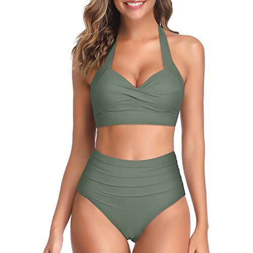 11) Retro Halter Ruched High Waist Bikini