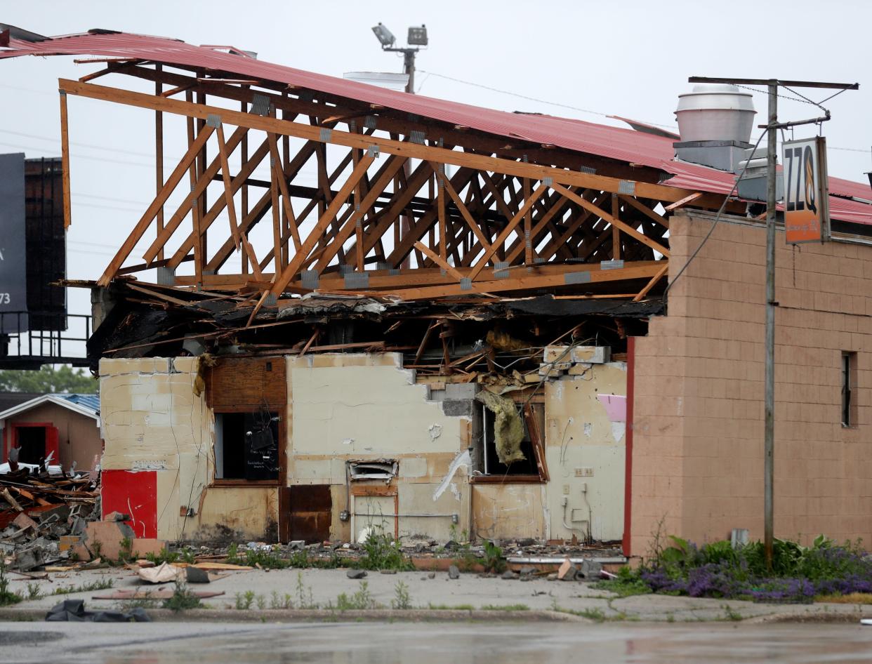 The former Eagles Club on Vanderbraak Street pictured during demolition on June 13, 2023, in Green Bay, Wis.