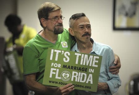 Patrick Gibbons (L) and Aaron Vargas of Oakland Park participate in the Decision Day Celebration Rally at the Pride Center, in Wilton Manors, Florida, July 17, 2014. REUTERS/Michael Laughlin/South Florida Sun-Sentinel